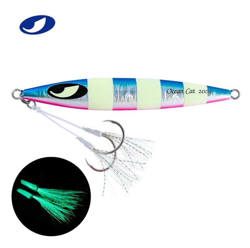 OCEAN CAT Slow Pitch Jig Flat Fall Jigs Saltwater Fishing Jig Vertical Baits with Glow Jig Hooks 60g/80g/150g/200g/250g 240lb (#008: Blue&Silver, 80g) - Image 2
